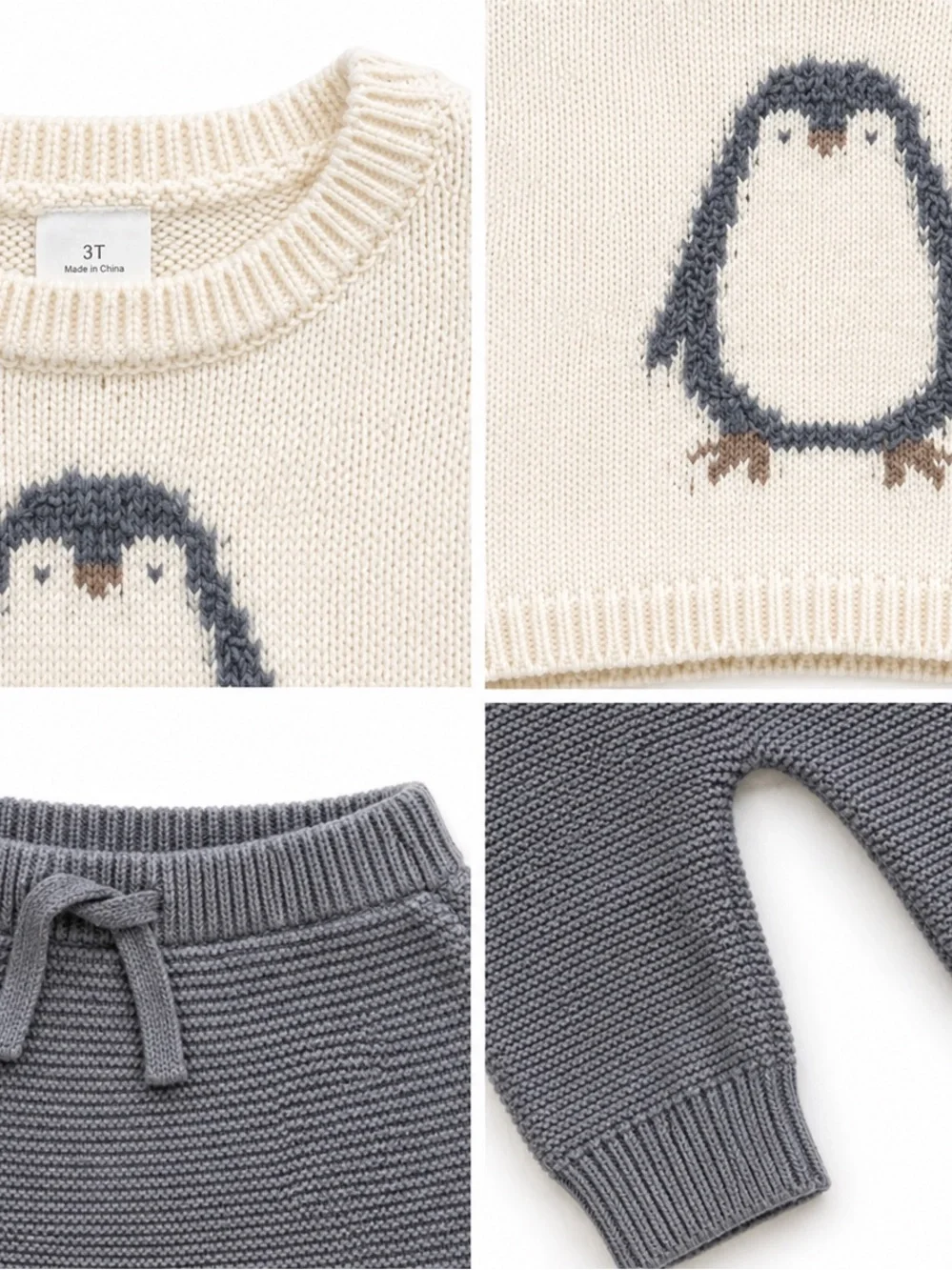 Carter’s 3T Toddler Set Penguin Sweater Knit Pants Gray Cream Cozy Unisex NWT - Picture 4 of 5